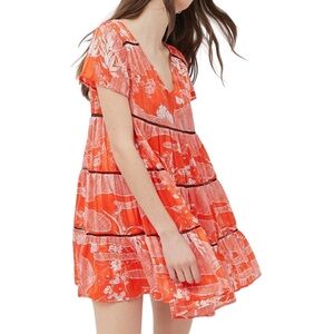 Urban Outfitters Pippa Chiffon Dress NWT Large Orange Floral Tiered Boho Mini